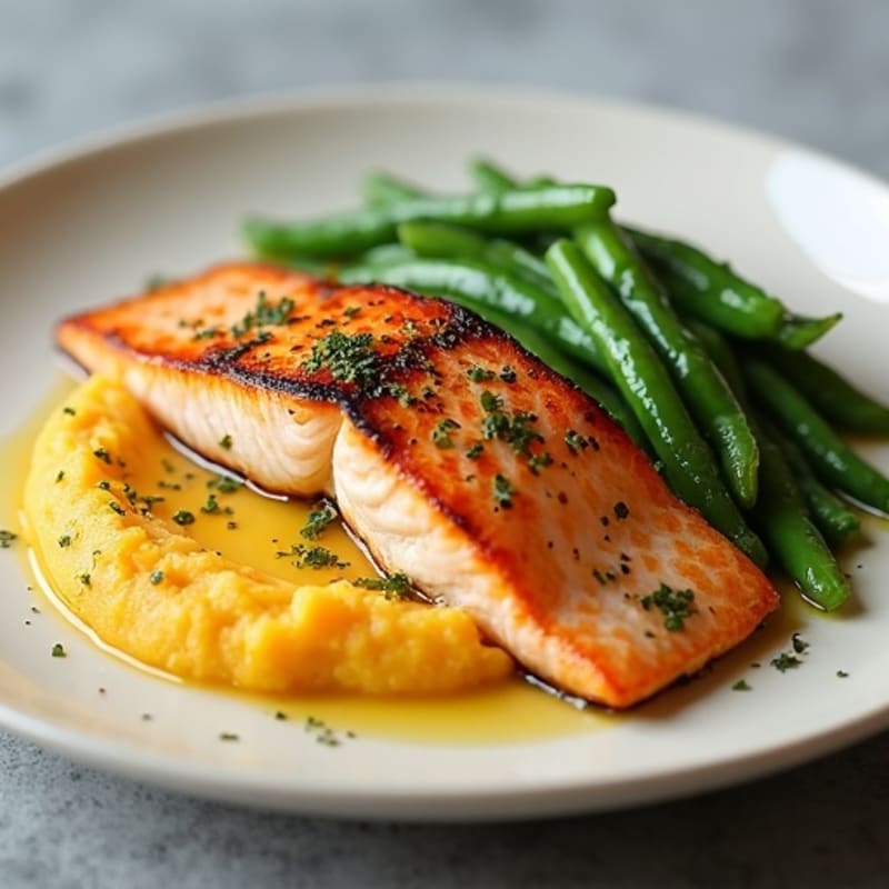 Seared Salmon with Garlic Green Beans and Mashed Sweet Potato