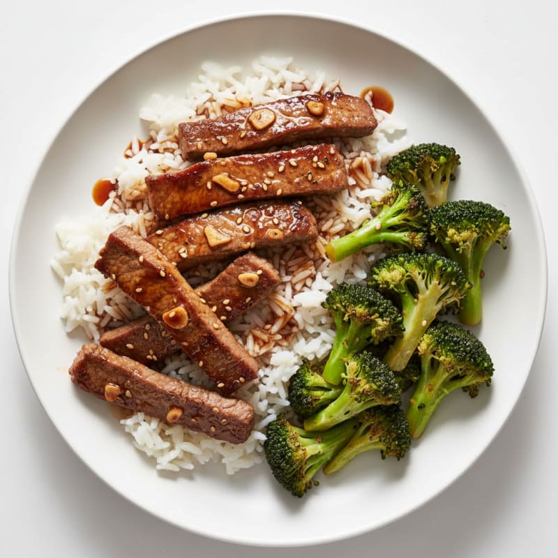 Seared Beef Strips with Steamed Jasmine Rice and Stir-Fried Broccoli