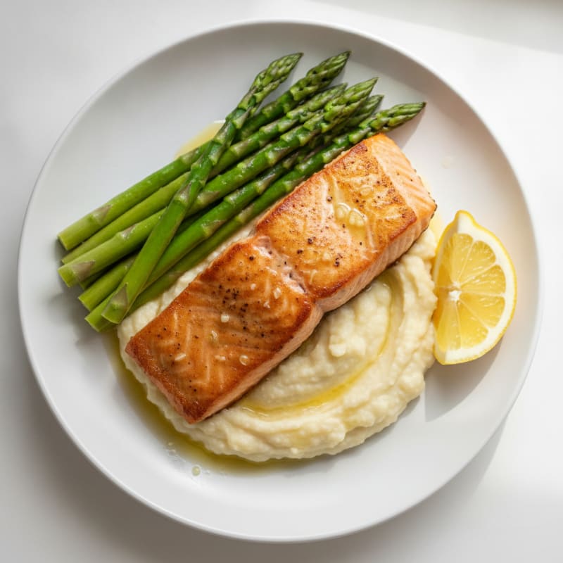 Seared Salmon with Steamed Asparagus and Cauliflower Mash
