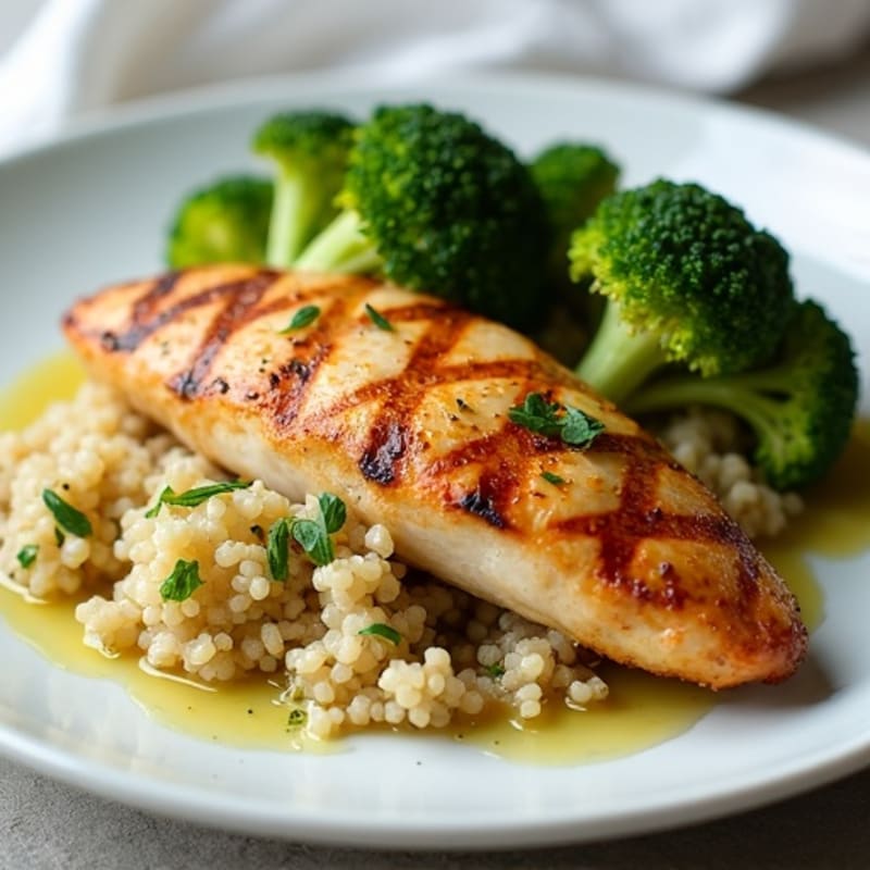 Grilled Chicken Breast with Creamy Quinoa and Roasted Broccoli