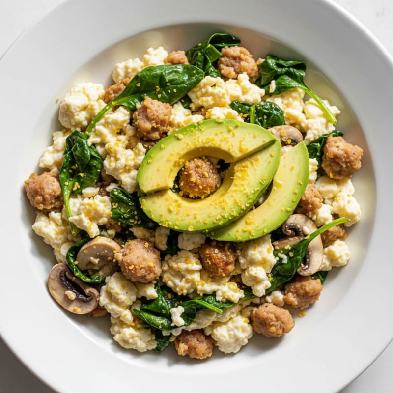 Egg White Scramble with Turkey Sausage and Spinach