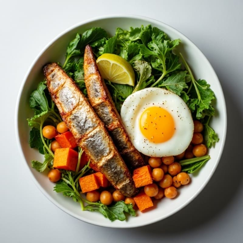 Crispy Sardine Power Bowl with Roasted Sweet Potatoes and Fresh Greens