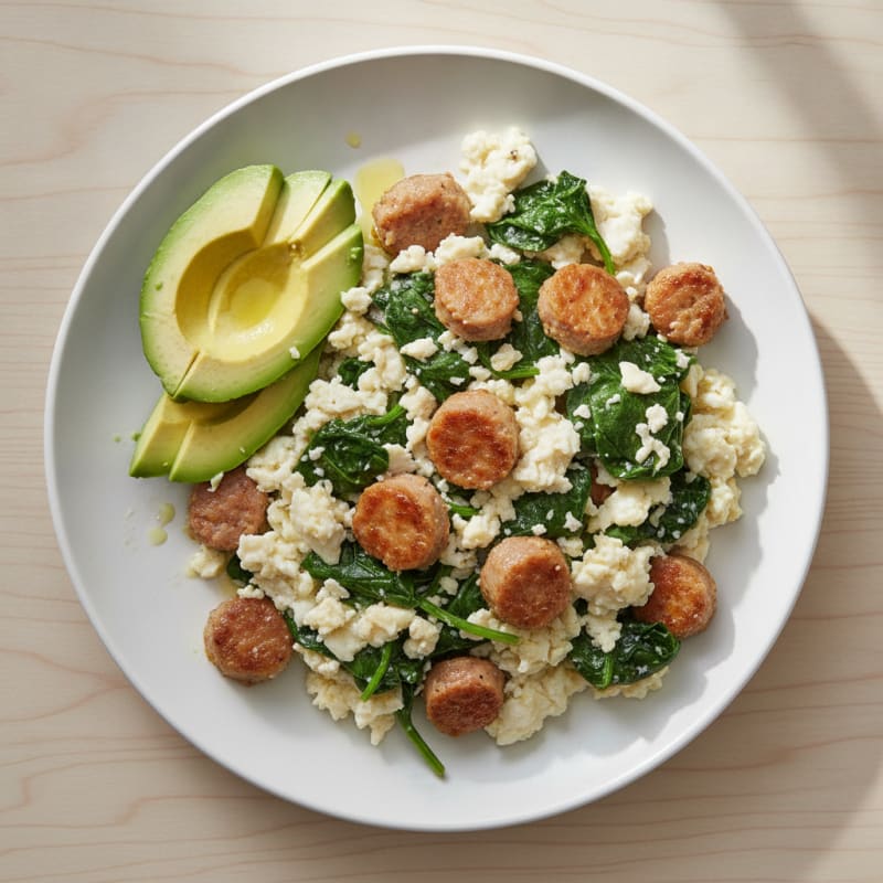 Egg White and Turkey Sausage Scramble with Sautéed Spinach