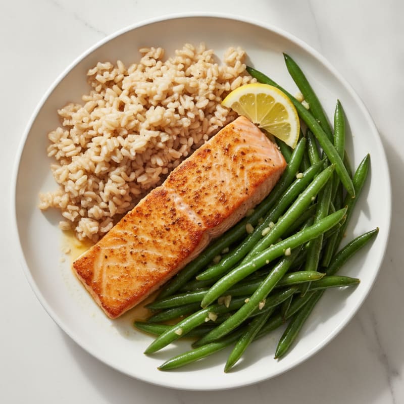 Seared Salmon Fillet with Garlic Green Beans and Brown Rice