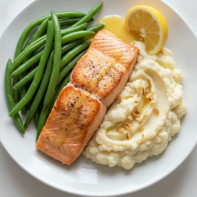 Seared Salmon with Steamed Green Beans and Garlic Mashed Cauliflower
