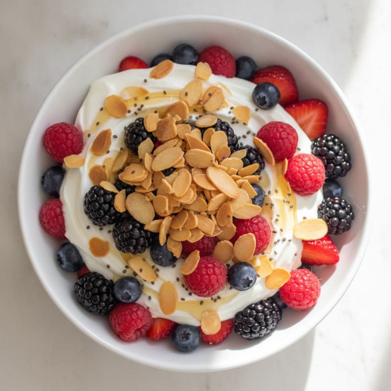 Greek Yogurt Protein Parfait with Mixed Berries and Almonds