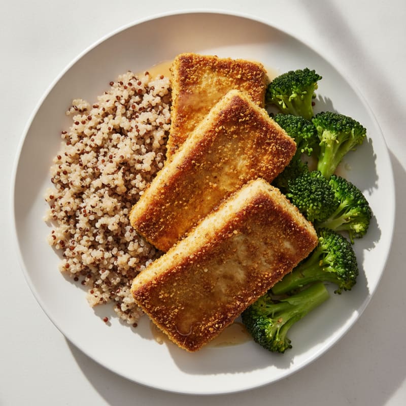 Grilled Tofu Steaks with Steamed Broccoli and Quinoa