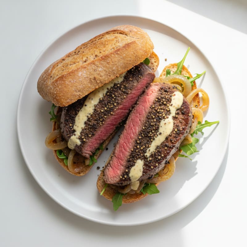 Peppercorn Steak Sandwich with Caramelized Onions