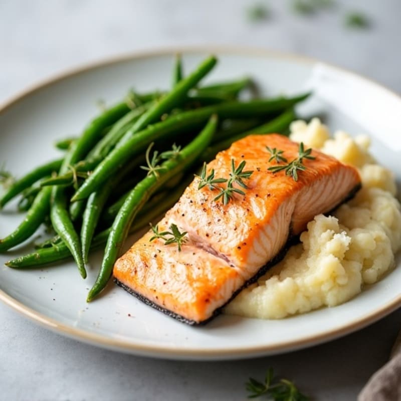 Seared Salmon with Garlic Green Beans and Cauliflower Mash