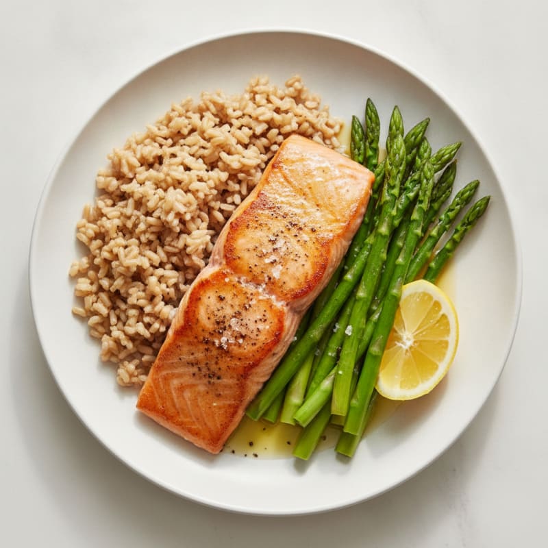 Seared Salmon Fillet with Steamed Asparagus and Brown Rice