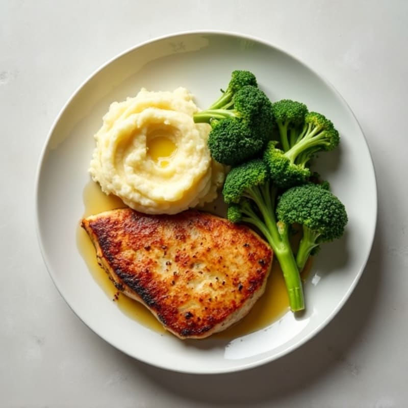 Seared Turkey Breast with Steamed Broccoli and Mashed Potatoes