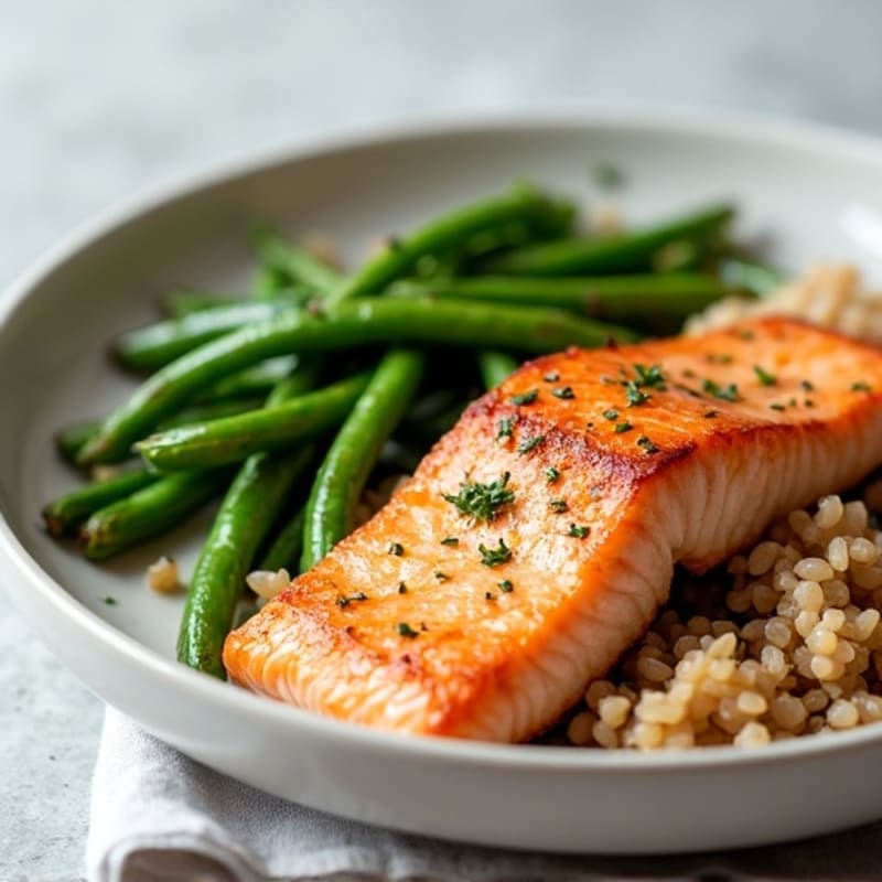 Seared Salmon Filet with Garlic Green Beans and Brown Rice