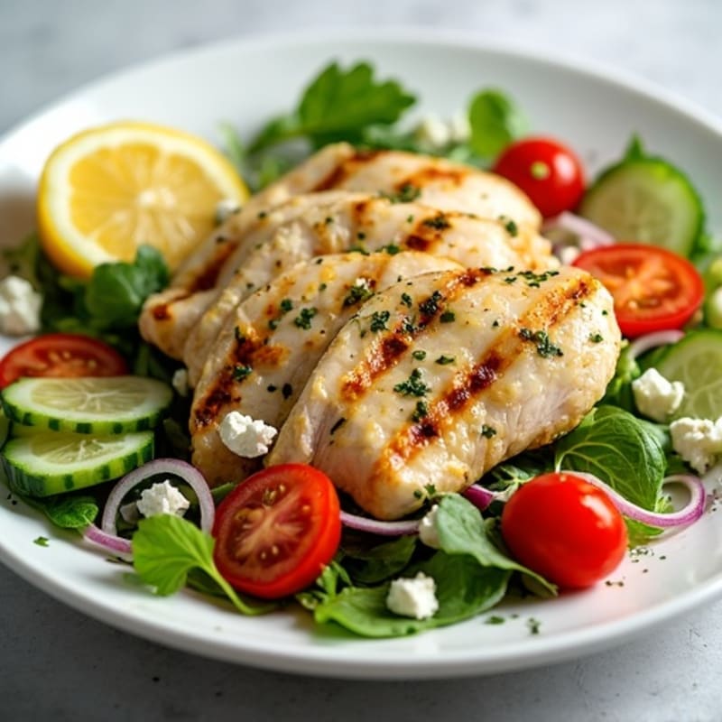 Grilled Lemon-Herb Chicken Salad with Fresh Vegetables and Feta
