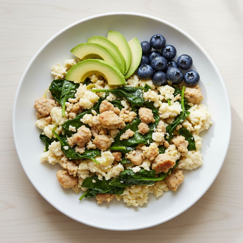 Egg White Scramble with Turkey Sausage and Sautéed Spinach