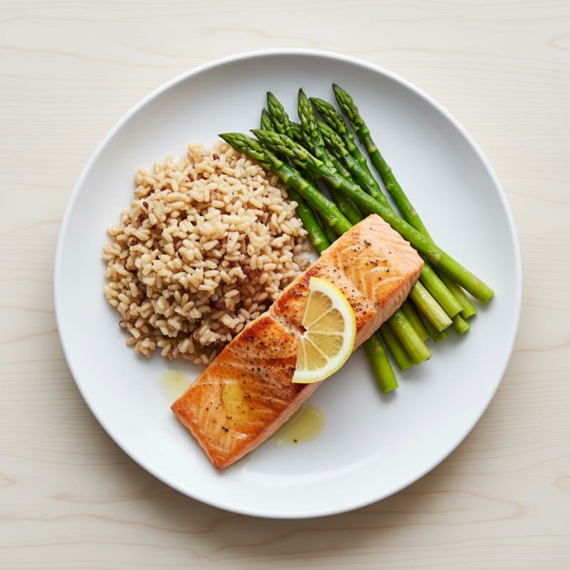 Seared Salmon Fillet with Steamed Asparagus and Brown Rice