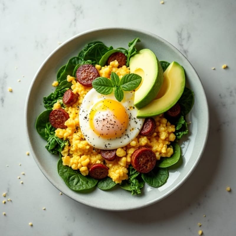 Egg White Scramble with Chicken Sausage and Spinach