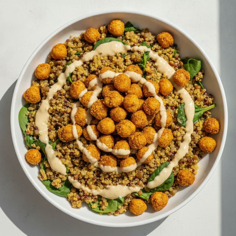 Lentil and Quinoa Power Bowl with Roasted Chickpeas and Tahini Drizzle