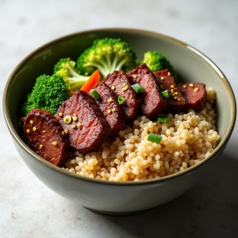 Healthy Garlic-Ginger Beef and Crispy Broccoli Rice Bowl