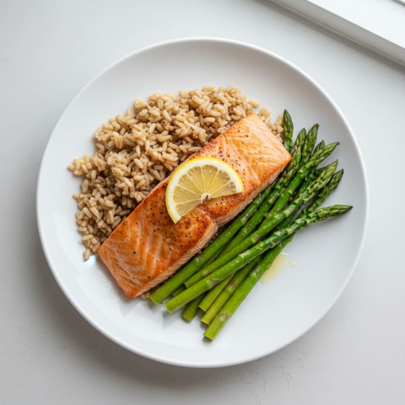 Seared Salmon with Steamed Asparagus and Brown Rice