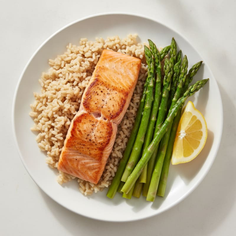 Seared Salmon with Steamed Asparagus and Brown Rice