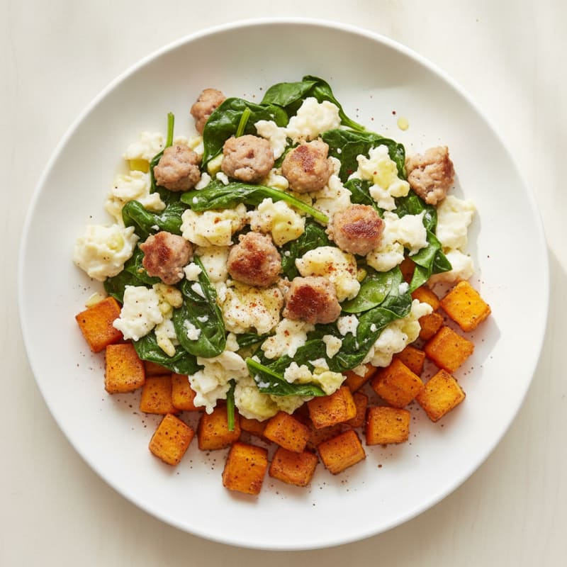 Egg White and Turkey Sausage Scramble with Spinach and Roasted Sweet Potato