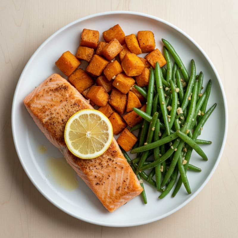 Seared Salmon with Roasted Sweet Potato and Green Beans