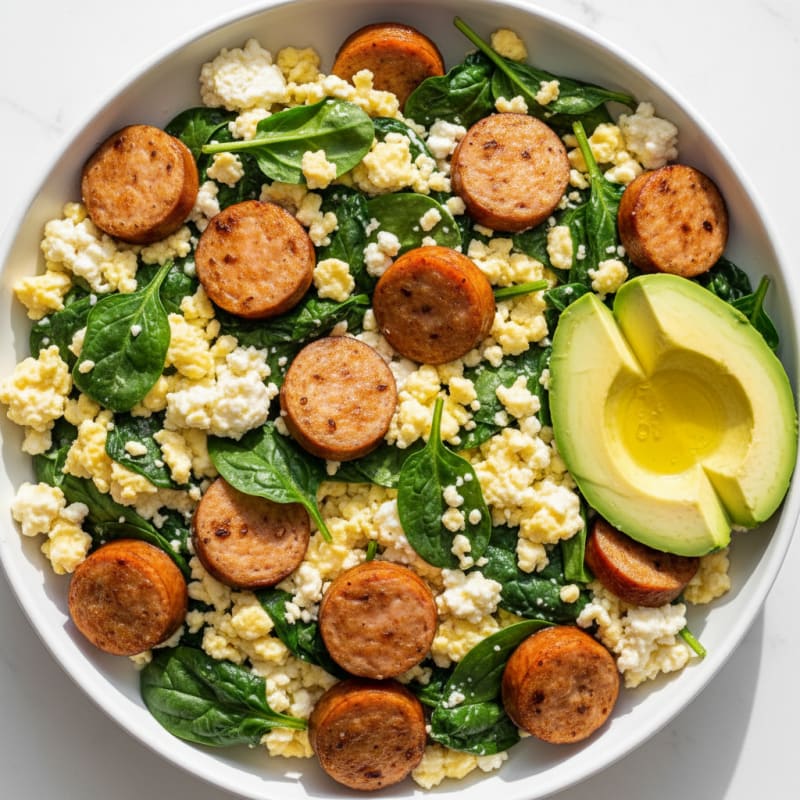 Cottage Cheese Scramble with Spinach and Chicken Sausage