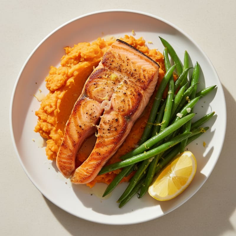 Seared Salmon with Garlic Green Beans and Mashed Sweet Potato
