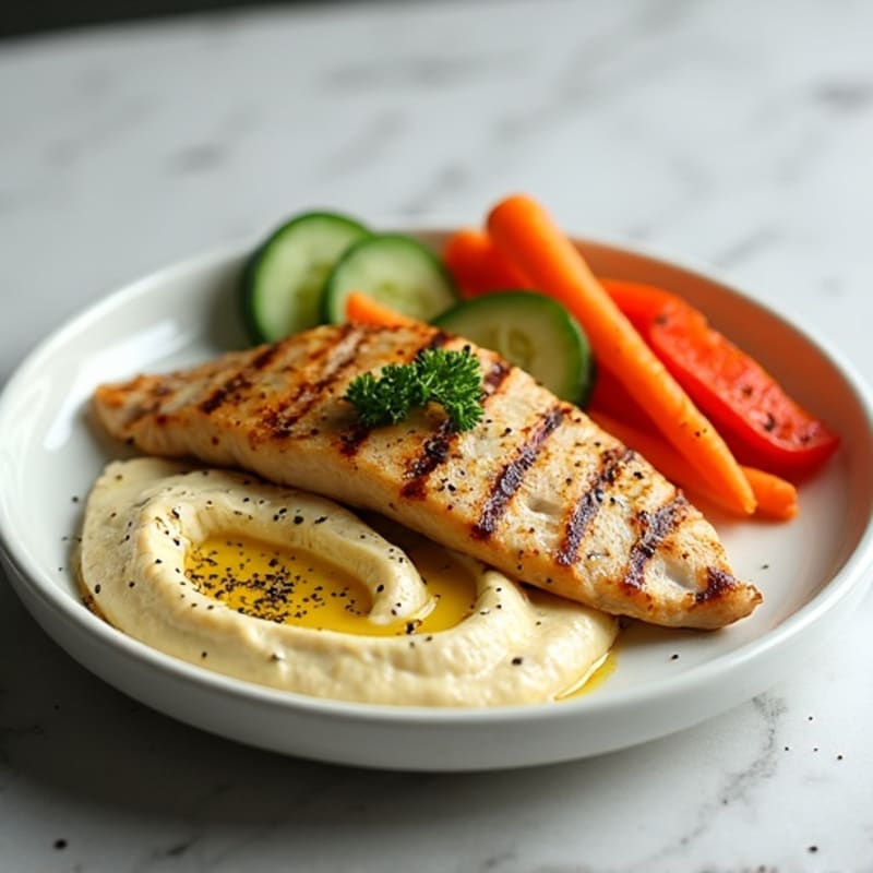 Creamy Hummus with Fresh Crisp Vegetables and Herb-Grilled Chicken