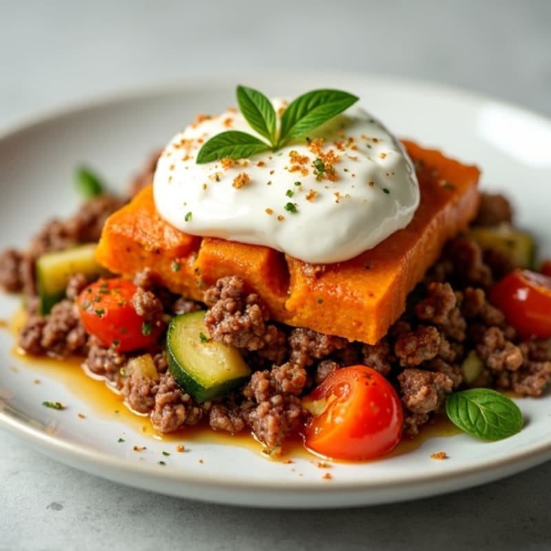 Hearty Ground Beef and Vegetable Bake with Creamy Sweet Potato Topping
