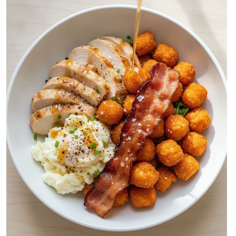 Sweet Potato Tot Breakfast Bowl with Eggs and Bacon