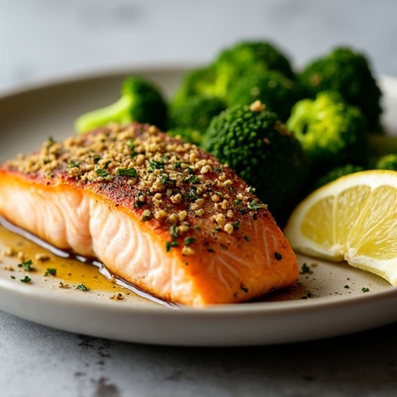 Herb-Crusted Pan Seared Salmon with Roasted Broccoli