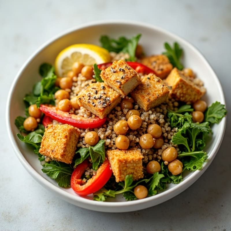 Crispy Tofu and Quinoa Power Salad with Roasted Chickpeas