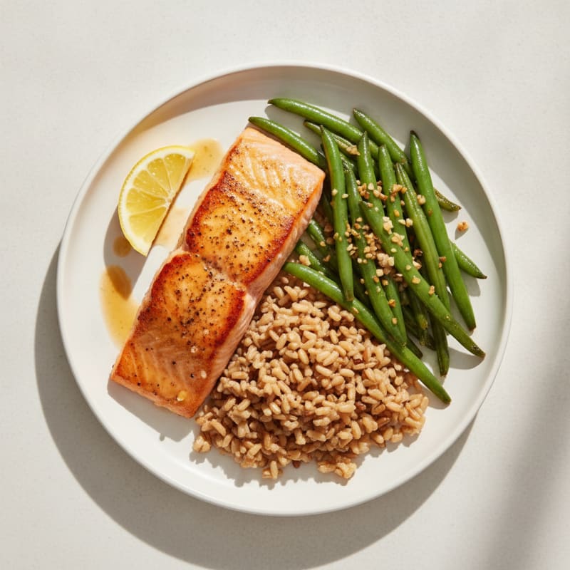 Seared Salmon with Garlic Green Beans and Brown Rice