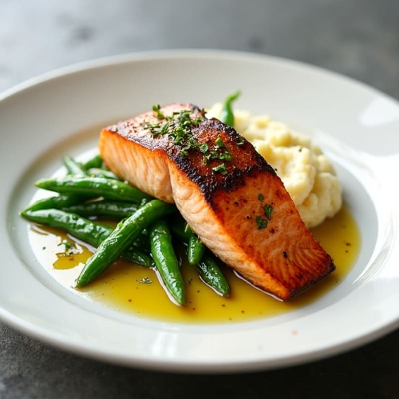 Seared Salmon with Garlic Green Beans and Cauliflower Mash