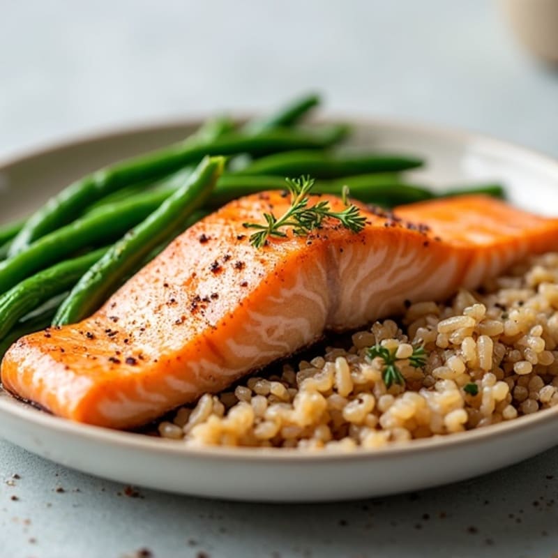 Seared Salmon with Steamed Green Beans and Brown Rice