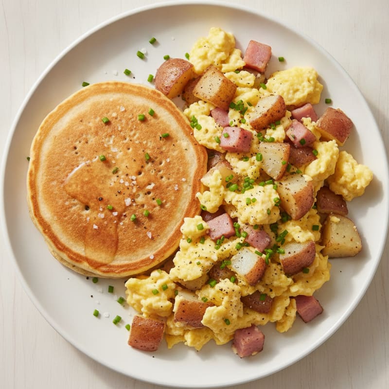 Classic Ham and Egg Scramble with Pancakes