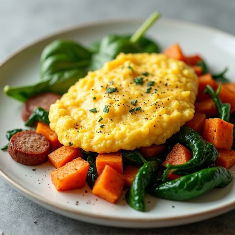 Fluffy Scrambled Eggs with Fresh Spinach and Crispy Sweet Potato Hash