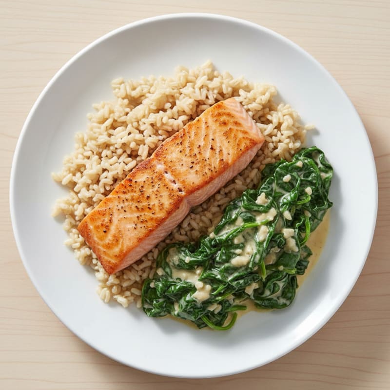 Seared Salmon with Creamy Garlic Spinach and Brown Rice