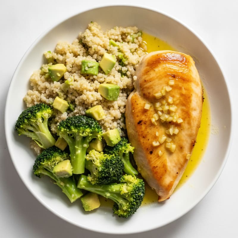 Seared Lemon Garlic Chicken Breast with Steamed Broccoli and Quinoa