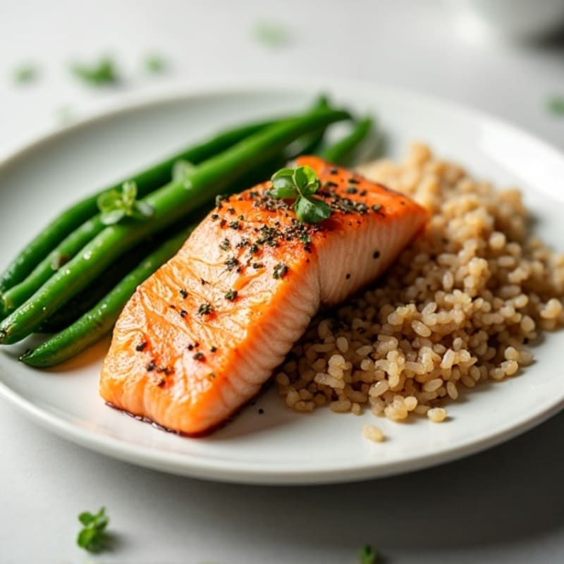 Seared Salmon with Steamed Green Beans and Brown Rice