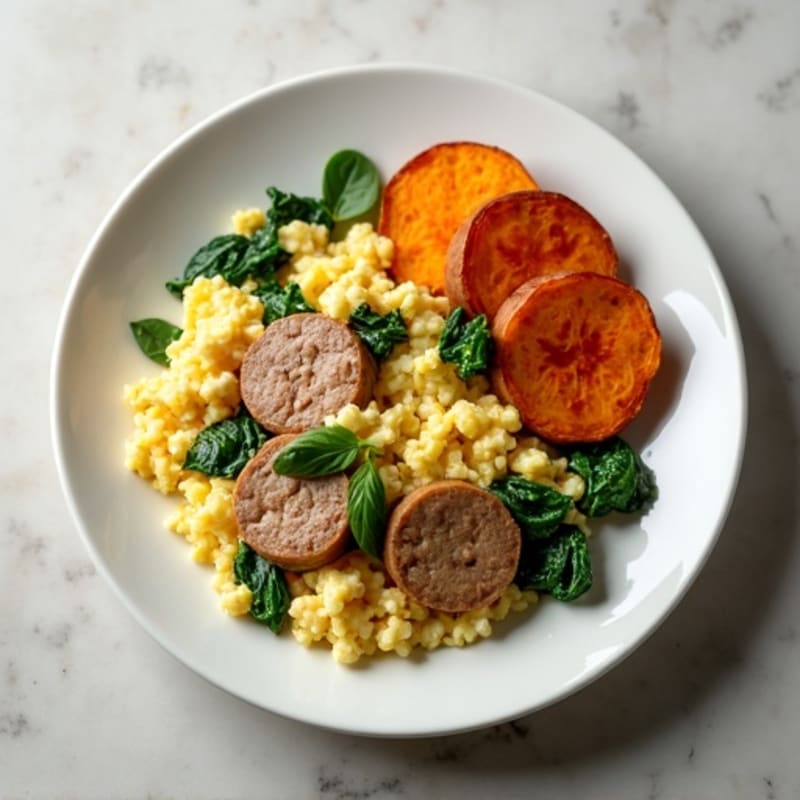 Egg White and Turkey Sausage Scramble with Spinach and Roasted Sweet Potato