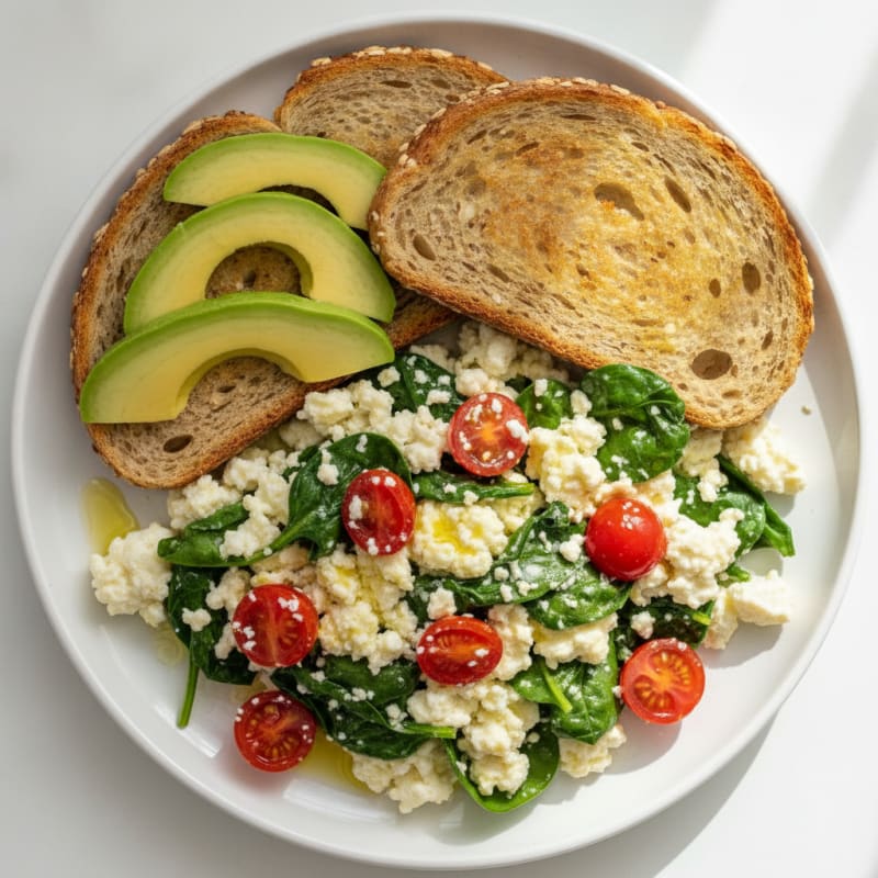 Cottage Cheese Egg White Scramble with Spinach and Cherry Tomatoes