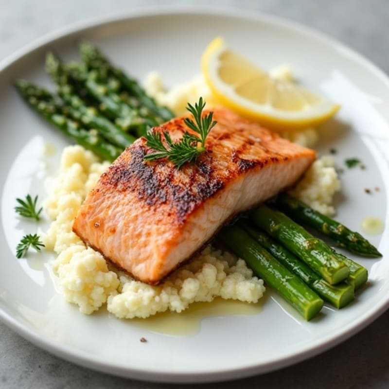 Seared Salmon with Steamed Asparagus and Cauliflower Mash