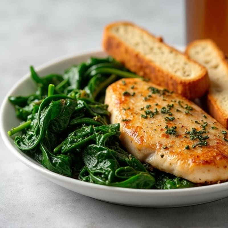 Garlic Herb Pan-Seared Chicken with Sautéed Spinach and Crispy Whole Wheat Garlic Breadsticks
