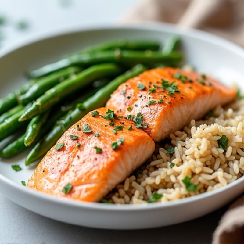 Seared Salmon with Garlic Green Beans and Brown Rice