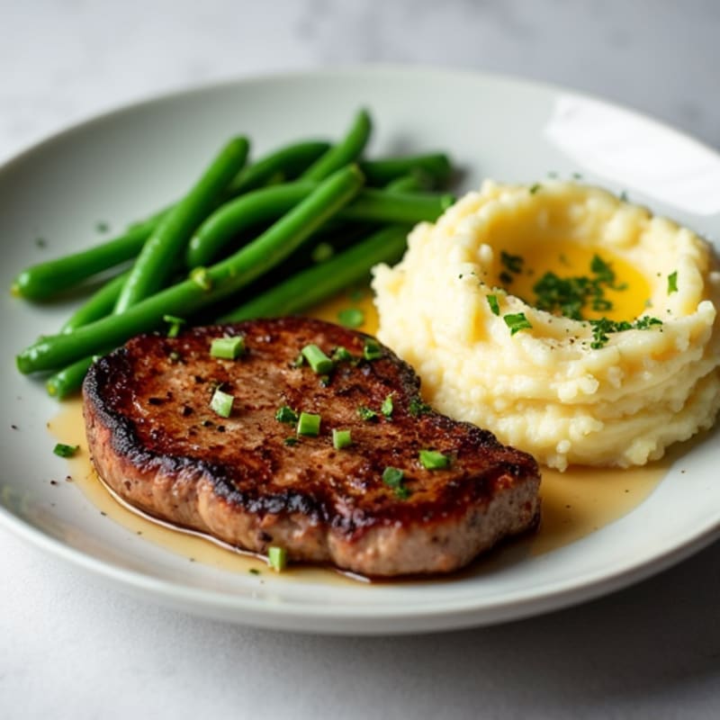 Seared Steak with Garlic Green Beans and Mashed Potatoes