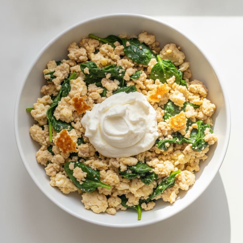 Egg White and Turkey Spinach Scramble with Cottage Cheese