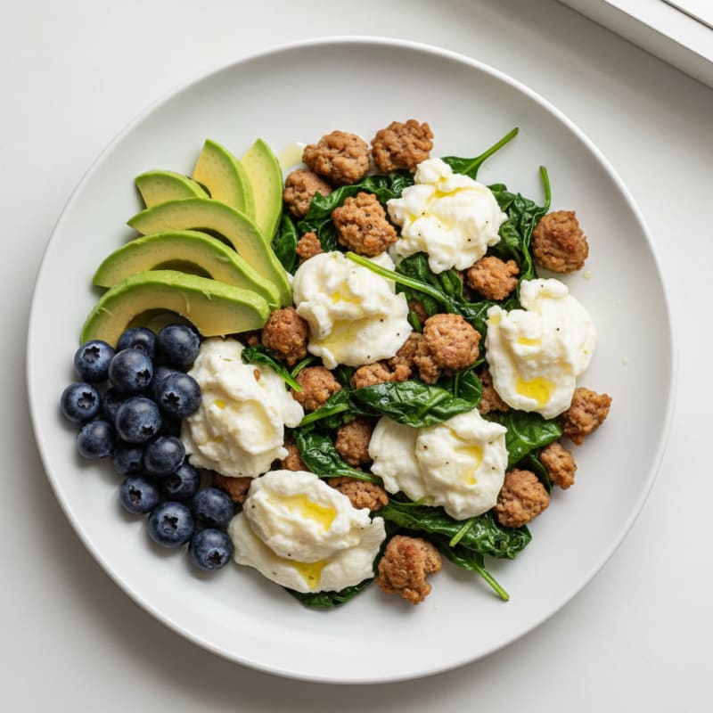 Egg White and Turkey Sausage Scramble with Sautéed Spinach