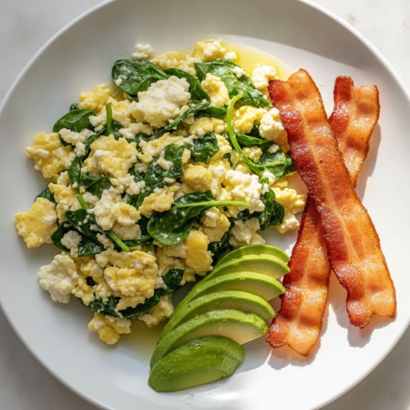 Cottage Cheese Egg Scramble with Spinach and Turkey Bacon